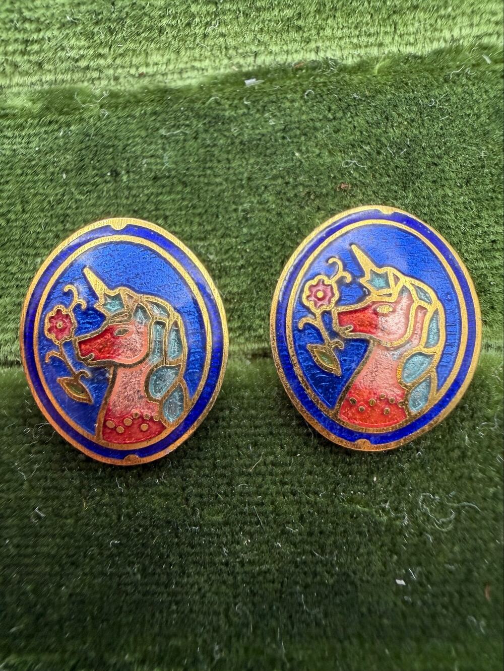 Unicorn Cloisonne oval studs Earrings 1980s Retro Vintage